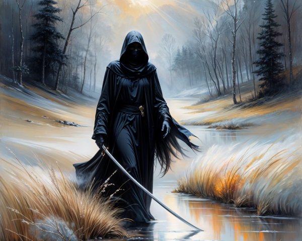 Cloaked Figure in Misty Landscape with Sword