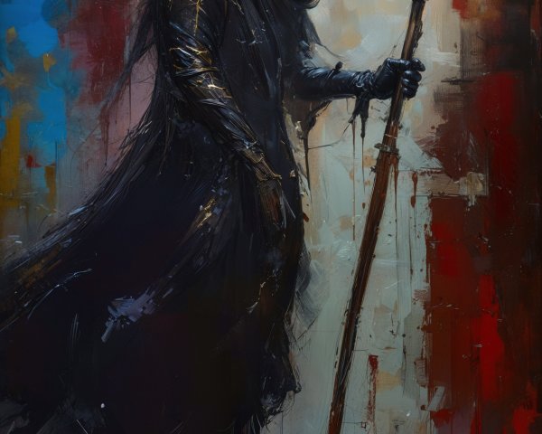 Mysterious Cloaked Figure with Spear in Abstract Setting