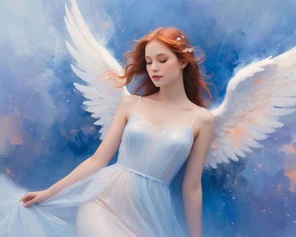 Angel with Red Hair and White Wings on Blue Background