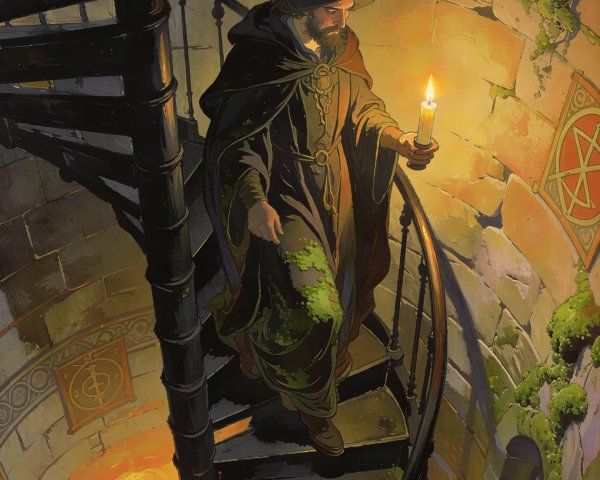 Wizard Descending Spiral Staircase in Stone Tower