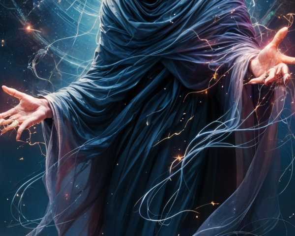 Mysterious figure in dark robes with cosmic energy