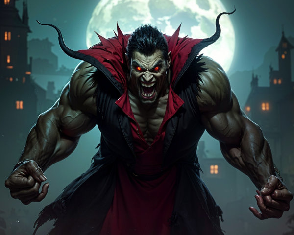Muscular Creature with Red Eyes Against Full Moon