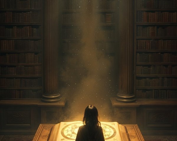 Cloaked Figure in Dimly Lit Library with Dust Particles