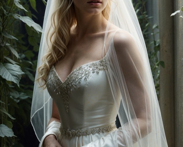 Elegant Bride in Satin Gown Surrounded by Greenery