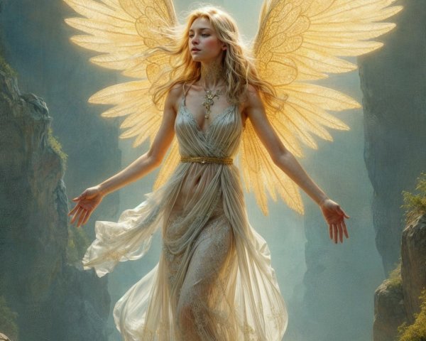 Ethereal figure with golden wings in a mystical landscape