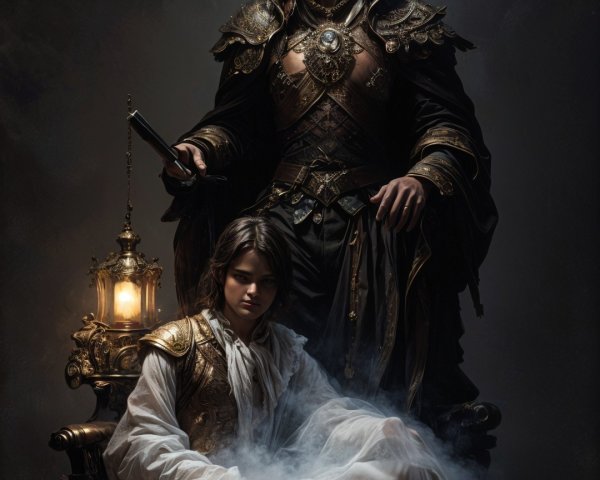 Regal Figures in an Ethereal Setting with Mist and Light