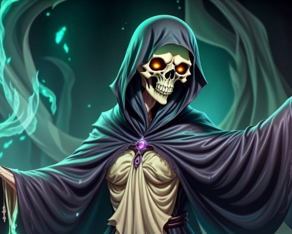 Mysterious cloaked figure with skull head and glowing eyes