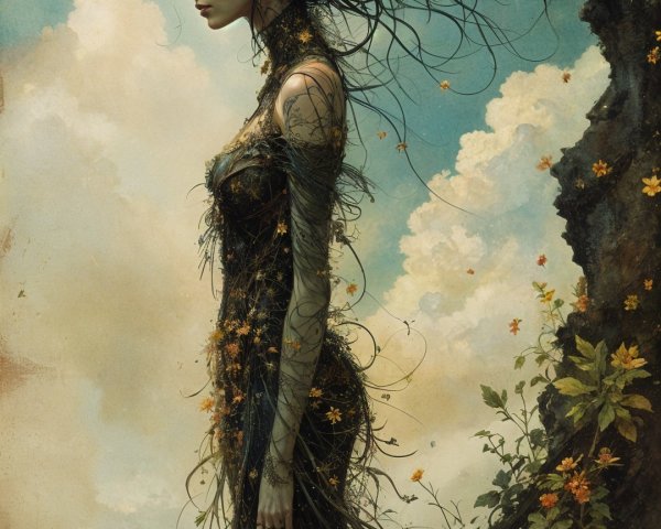 Mystical Figure Embodying Nature Against Dreamy Sky