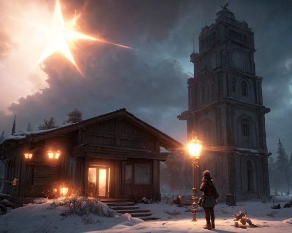 Dark Winter Landscape with Cabin and Tower