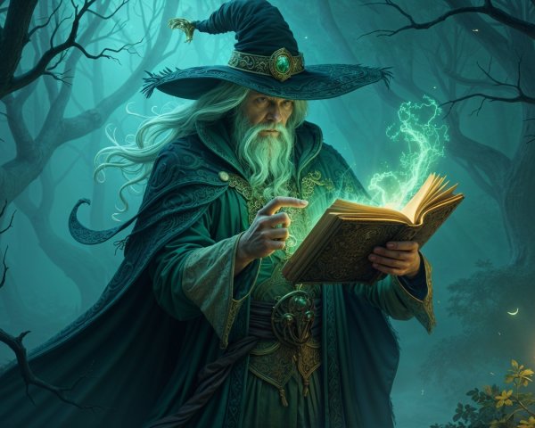 Mystical Wizard in Enchanted Shadowy Forest