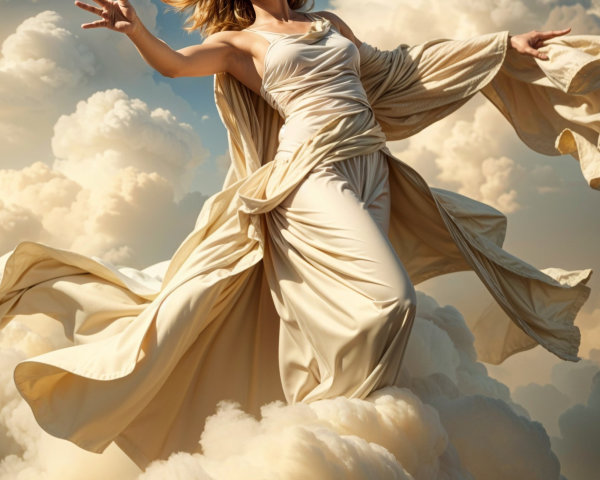 Majestic figure in flowing gown atop billowing clouds