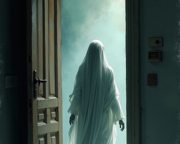 Mysterious White Figure in Dimly Lit Room