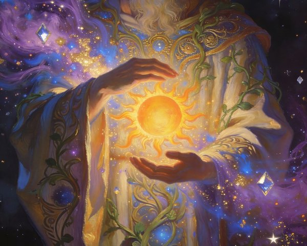 Cosmic Man in Robe with Radiant Sun and Starry Background