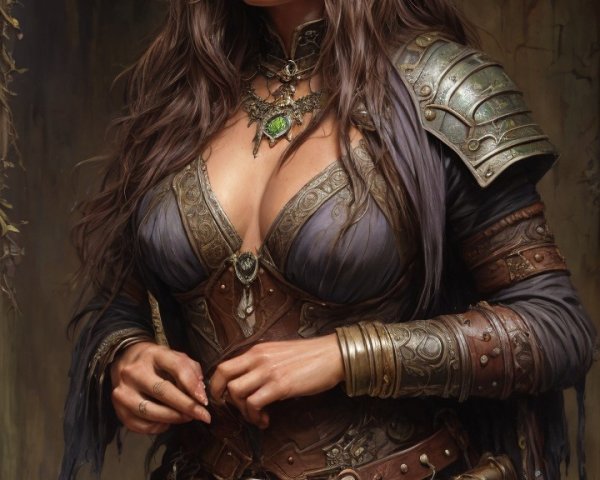 Female Character in Detailed Armor with Rustic Backdrop