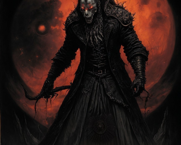 Wolf-like demon figure under blood-red moon