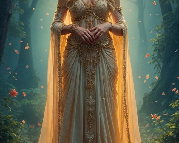 Regal figure in golden gown in mystical forest setting