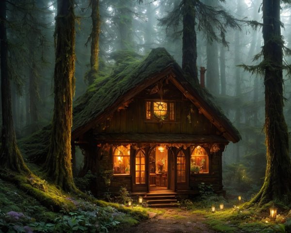 Wooden cottage in misty forest with warm ambiance
