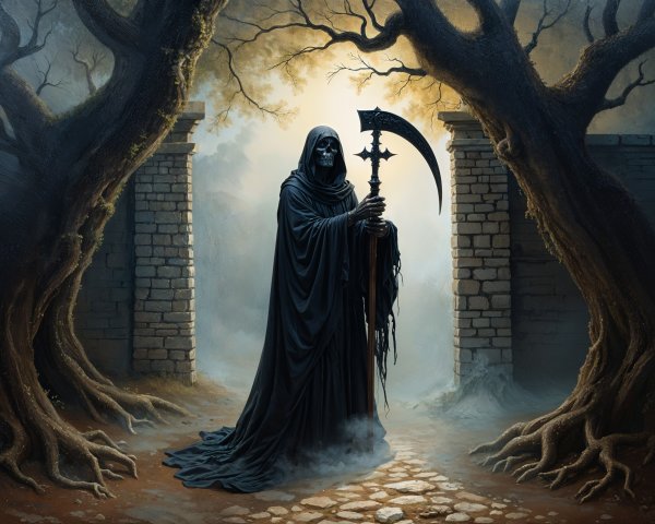 Cloaked Figure with Scythe in Misty Forest Setting