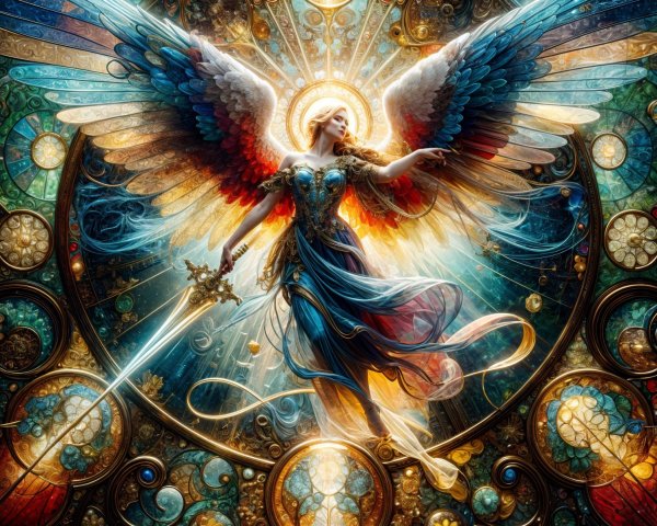 Angel with Vibrant Wings and Stained Glass Background