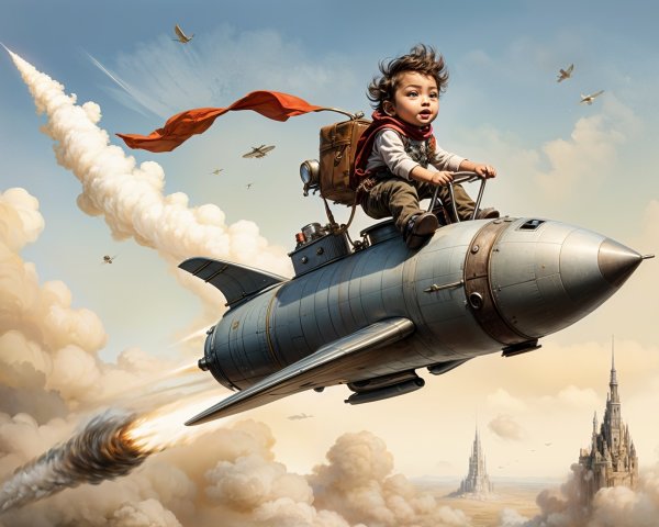 Child in red cape riding rocket through dreamy sky