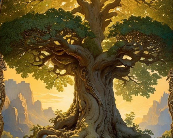 Ancient Tree in Serene Landscape at Sunset