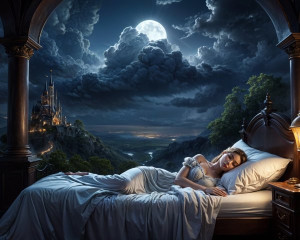 Moonlit Room with Sleeping Woman and Castle View