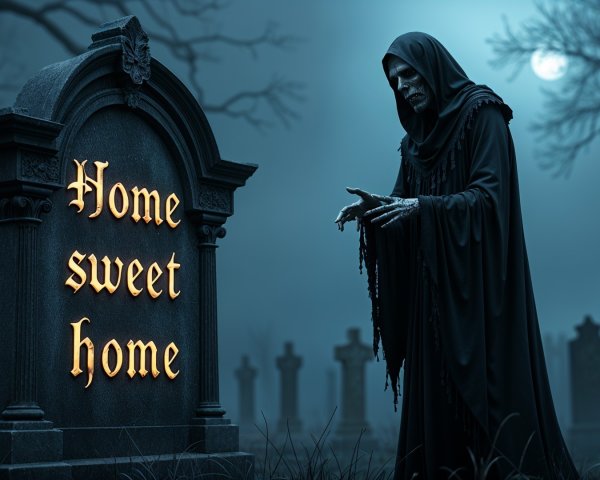Cloaked Figure in Eerie Moonlit Graveyard Scene