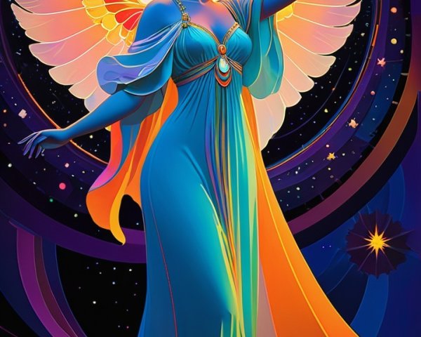Celestial Figure in Blue Gown with Colorful Wings