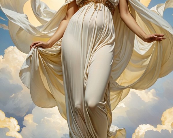 Goddess Figure in Flowing Gown Among Clouds and Sun