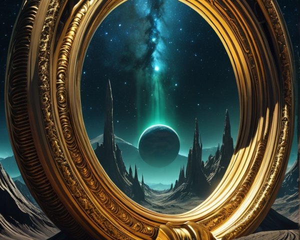 Golden Portal in a Cosmic Landscape with Mountains