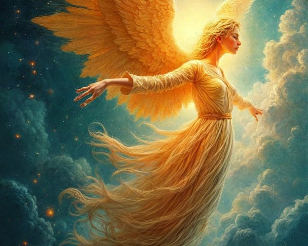 Celestial Figure with Golden Wings in Dreamy Sky