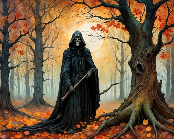 Cloaked Figure Among Autumn Trees and Glowing Moon