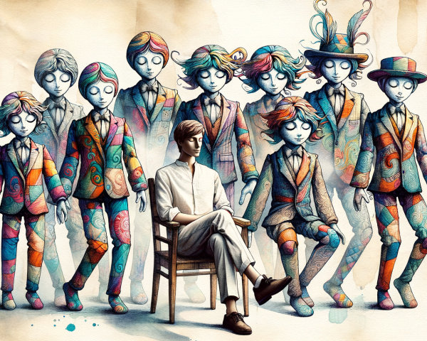 Surreal Scene with Colorful Doll-Like Figures