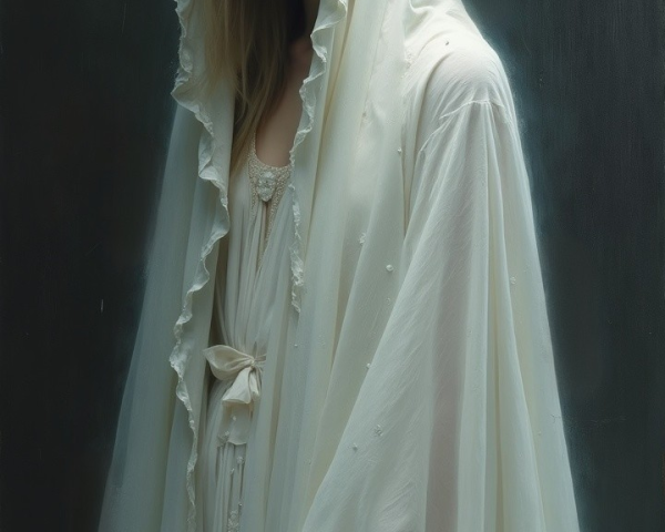 Young woman in flowing gown and hooded cloak in soft light