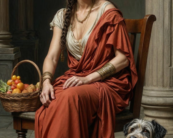 Young Woman in Elegant Attire with Fruit Basket and Dog