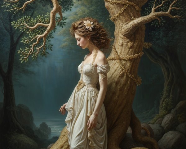 Young Woman in White Gown Beside Majestic Tree