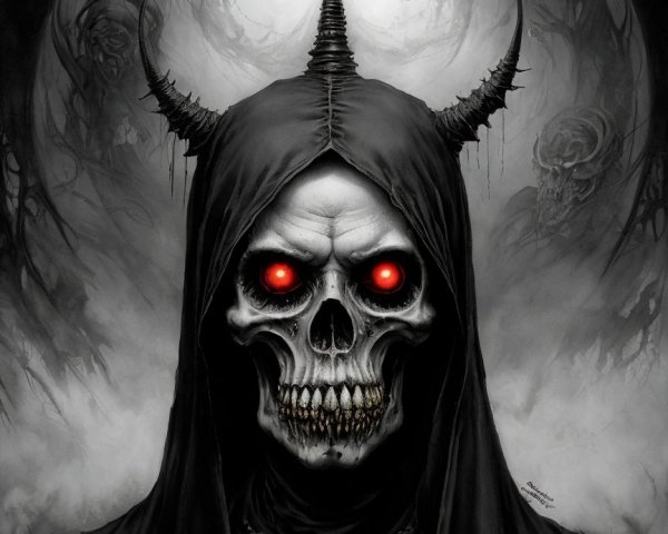 Menacing figure in a dark hooded cloak with skull face