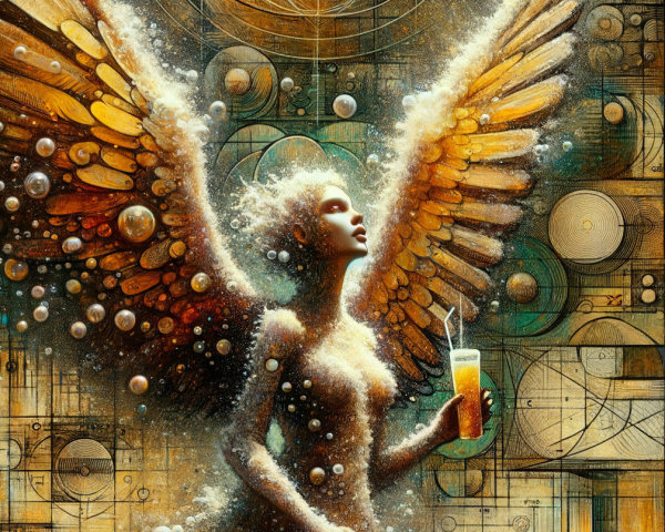 Celestial Figure with Wings in Abstract Art Setting