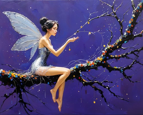 Fairy with Transparent Wings on a Colorful Branch