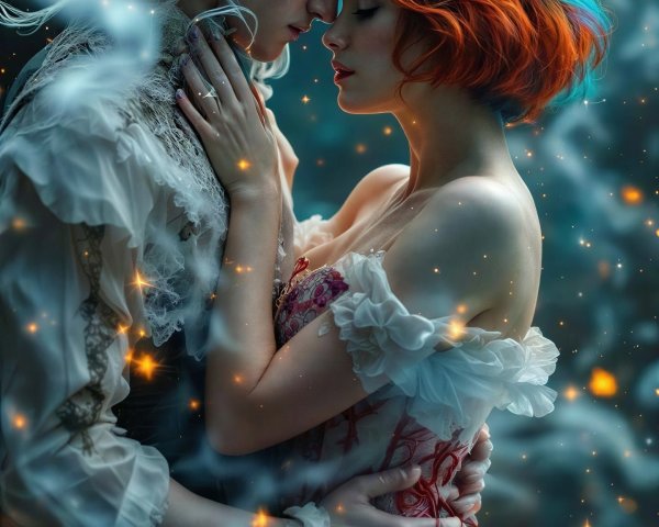 Fantastical Portrait of Embracing Lovers in Dark Setting