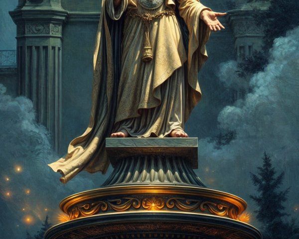 Majestic Figure on Column with Celestial Background