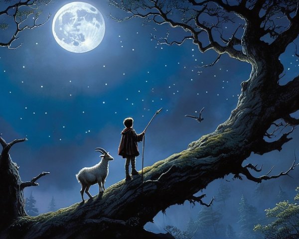 Shepherd and Goat Under Full Moon and Starry Sky