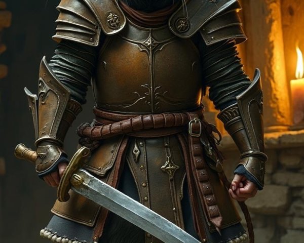 Brave Mouse in Armor with Sword in Ancient Chamber