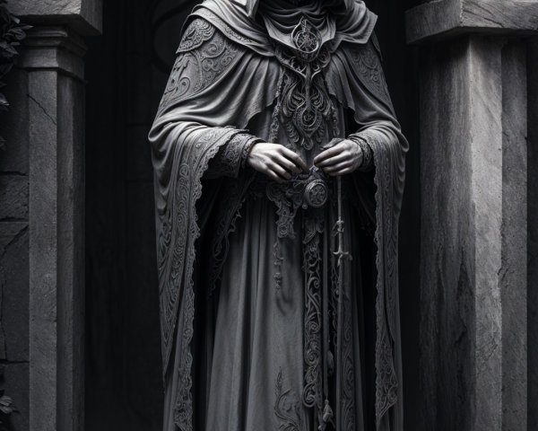 Mysterious Cloaked Figure in Stone Archway with Vines