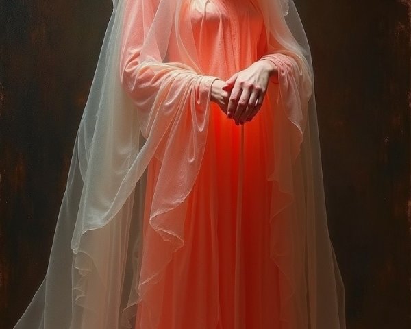 Serene figure in peach gown with translucent veil