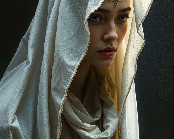 Young Woman in Elegant White Veil with Jewelry