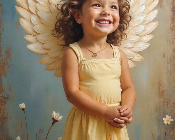 Young girl in angel wings and pale yellow dress