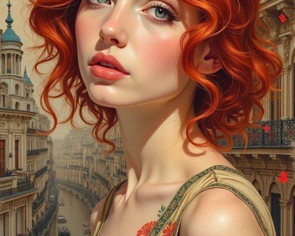 Young woman with red hair in floral dress by cityscape