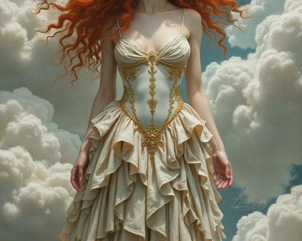 Figure in Flowing Dress Among Dreamlike Clouds