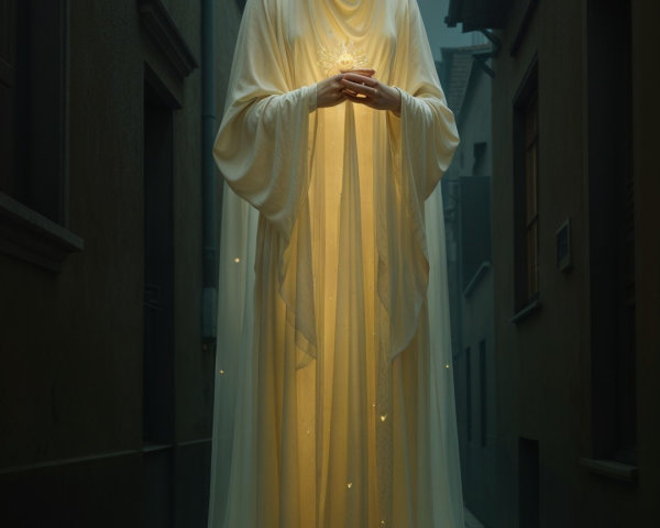 Serene figure in a shadowy alley with glowing garment
